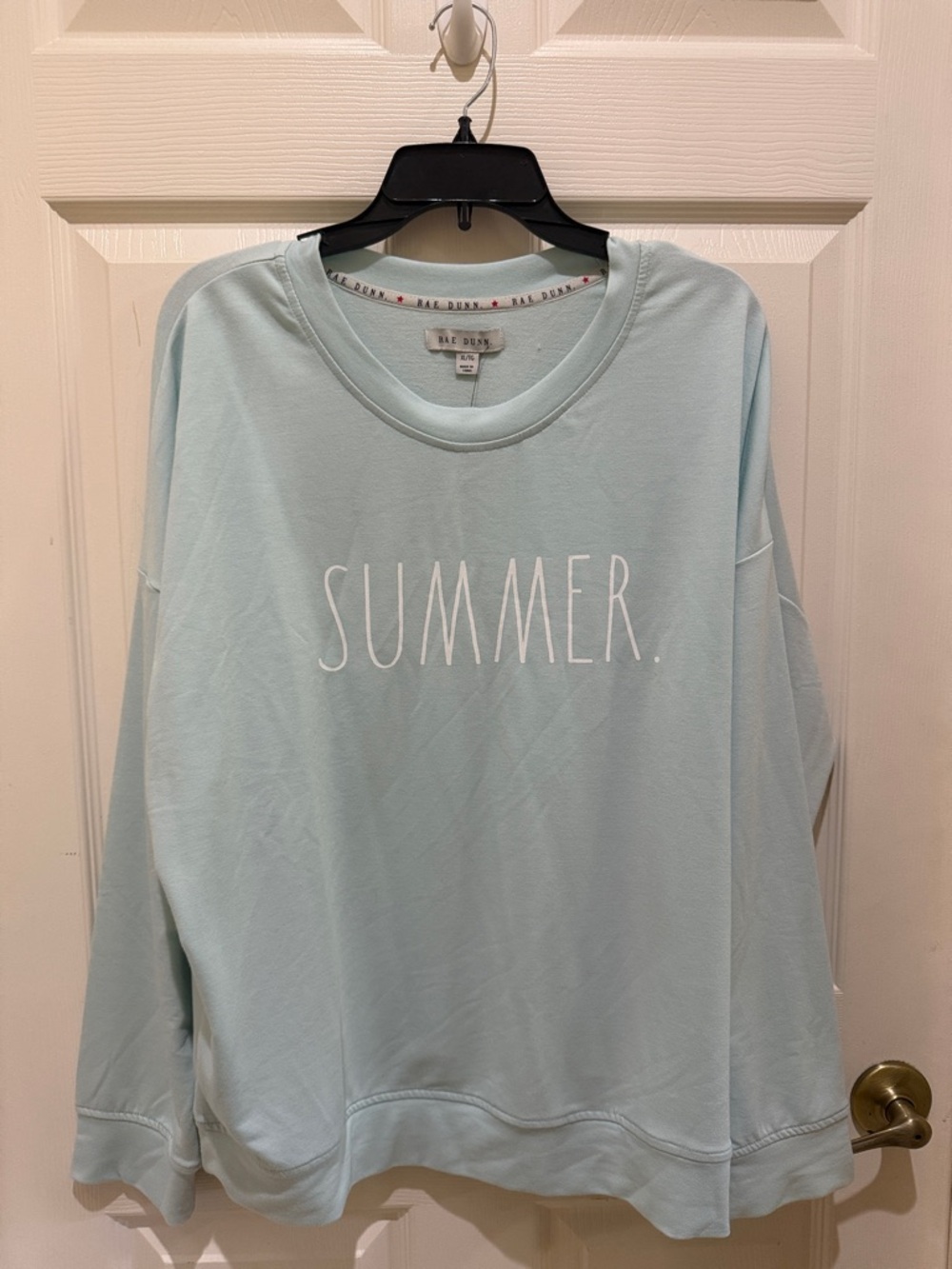 Rae Dunn Light Blue Sweatshirt with White "SUMMER."